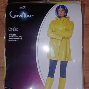 Caroline Yellow Raincoat Costume With Blue Hair